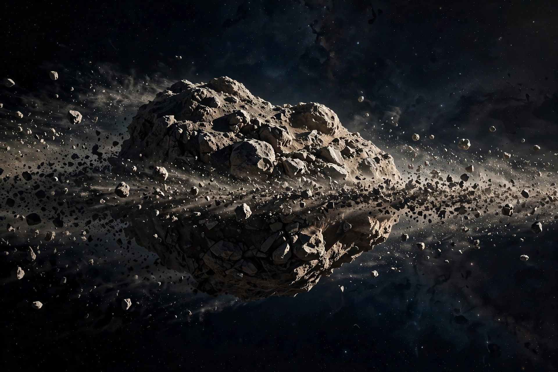 Artist's rendering of a spinning asteroid shedding rocky fragments from its equator, debris drifting away into the darkness of space, photorealistic, no people