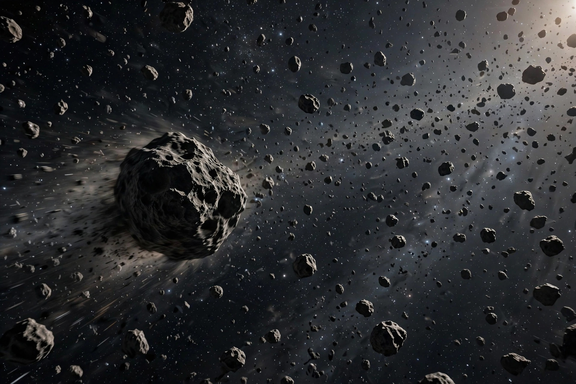 A small dark asteroid tumbling rapidly through the main asteroid belt, dozens of distant rocky bodies scattered across a starry background, photorealistic, no people