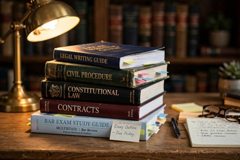 Stack of law textbooks and legal study guides on a desk