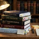 Stack of law textbooks and legal study guides on a desk