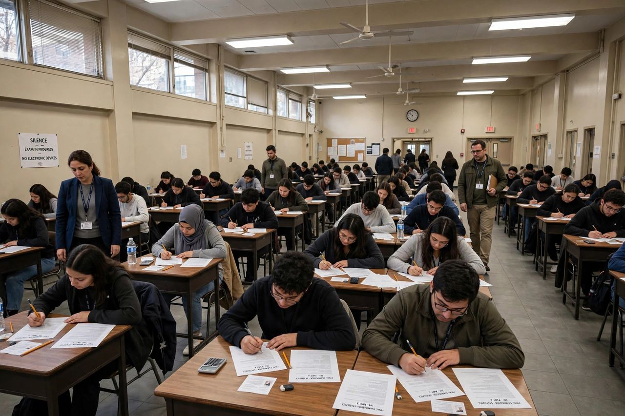 Large examination hall with rows of desks and test takers