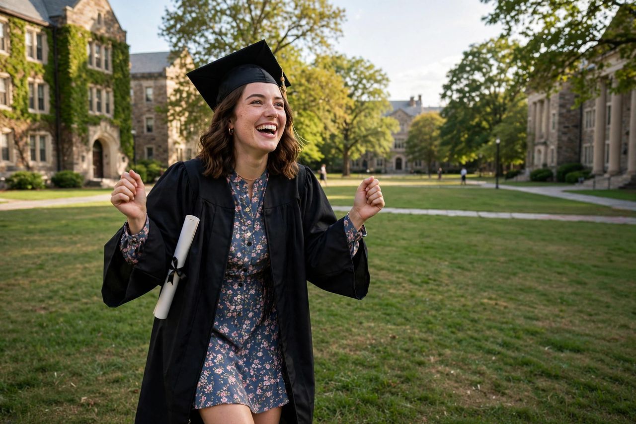 Law school graduate in cap and gown celebrating