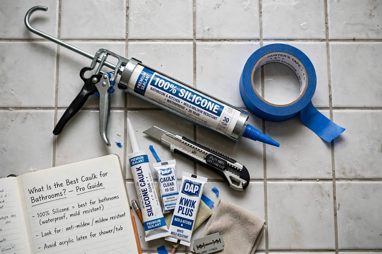 Bathroom renovation tools including caulk gun, painter tape and utility knife on tile