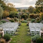 What Is the Best Month to Get Married? Season-by-Season Outdoor wedding ceremony in a garden with guests seated in white chairs