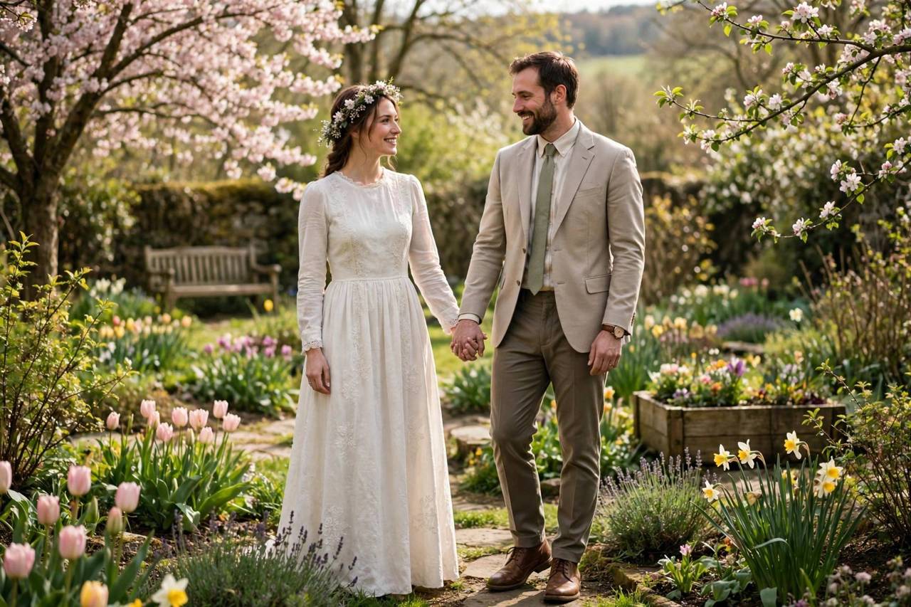 Bride and groom holding hands in a sunlit spring garden