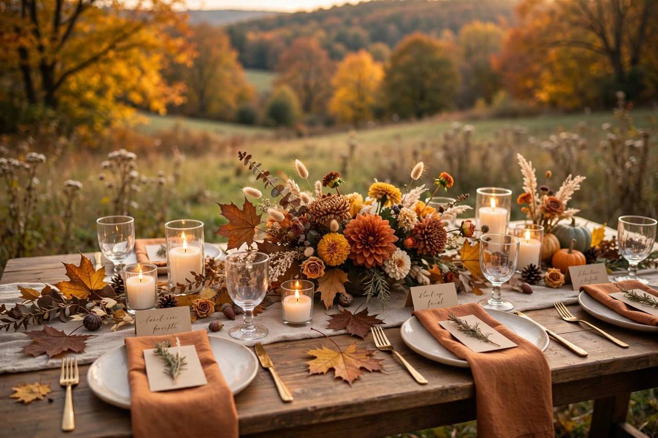 Wedding table setting with candles and autumn flowers in warm light