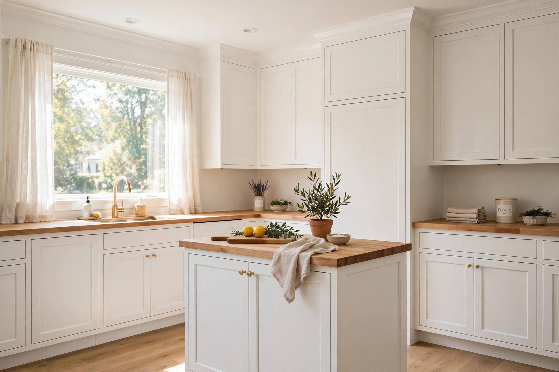 Freshly painted kitchen with satin-finish walls in warm white, semi-gloss white cabinets and trim