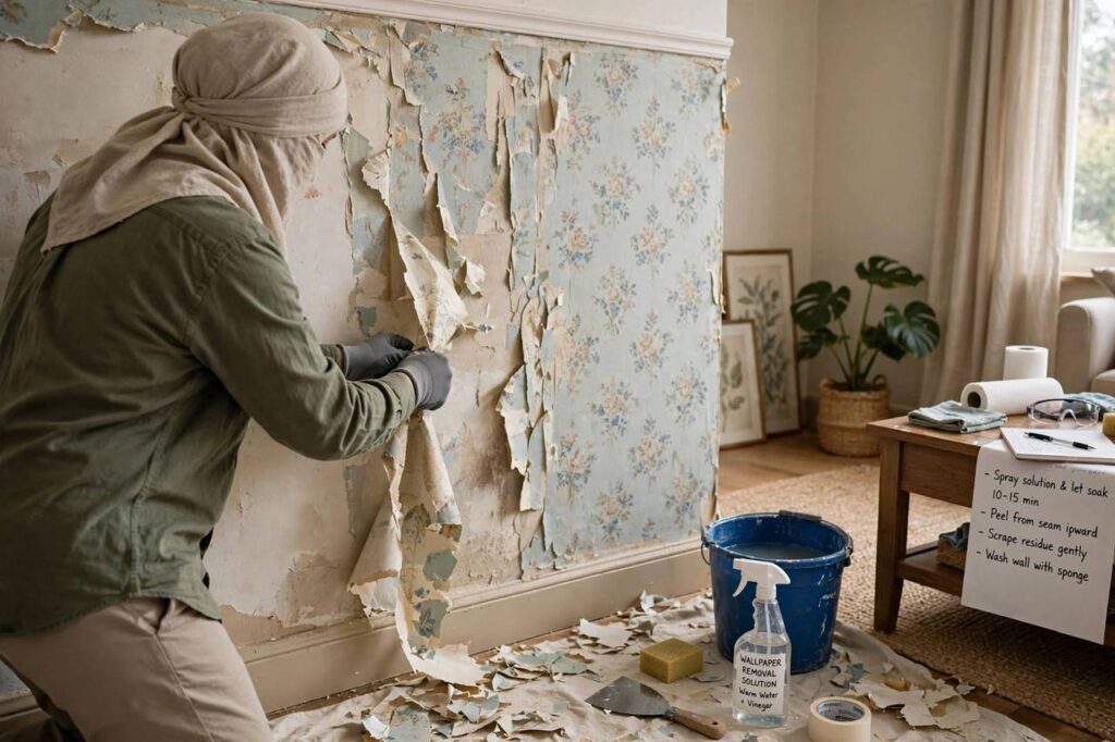 Person peeling old wallpaper from a living room wall
