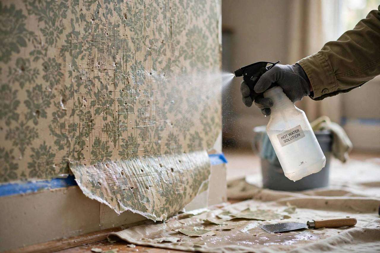 Spraying hot water solution onto scored wallpaper