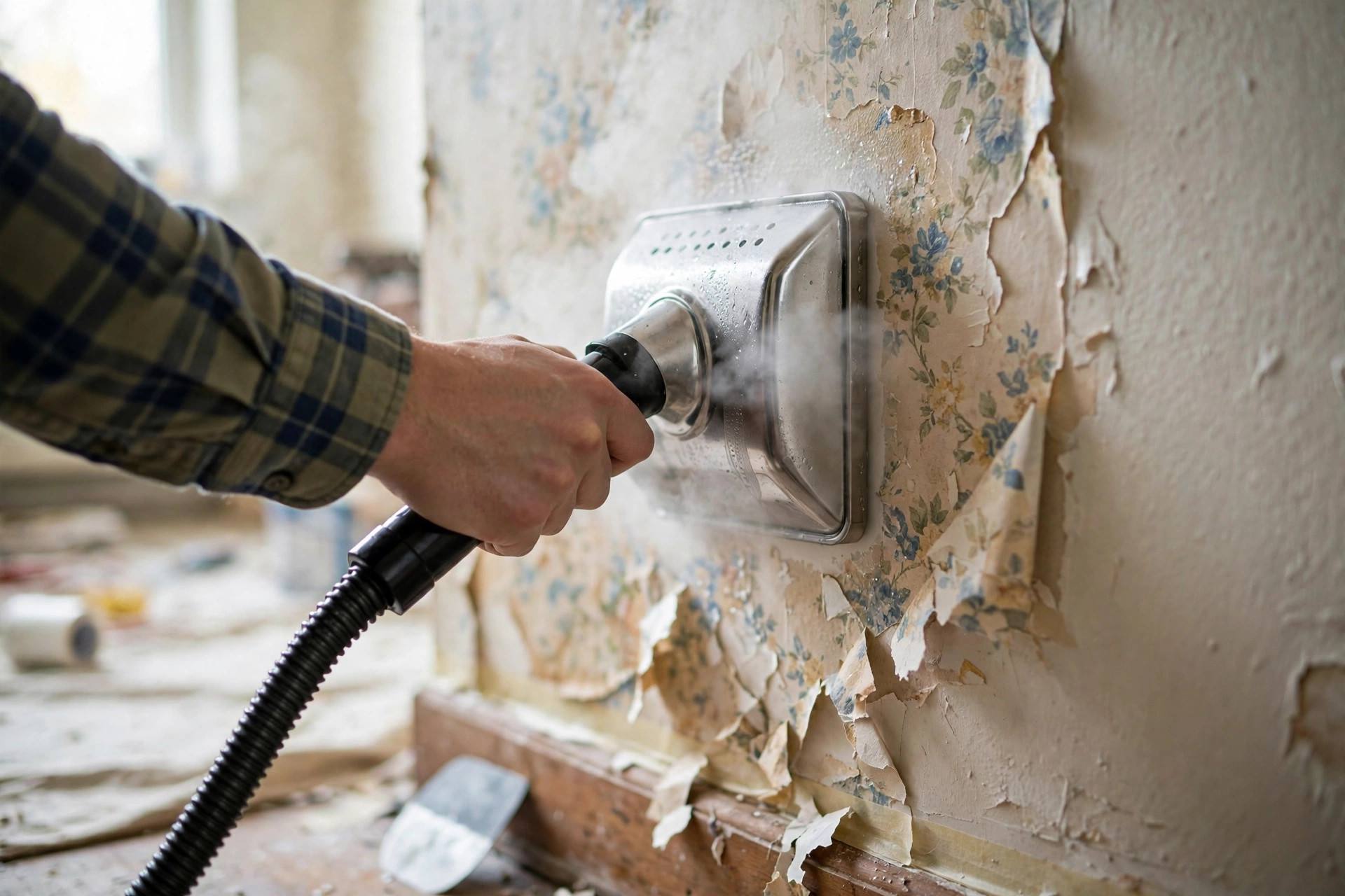 Wallpaper steamer plate held against a wall