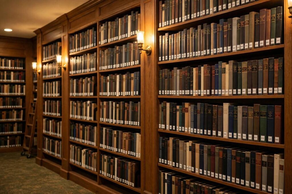 Library bookshelf with books organized by Dewey Decimal numbers visible on their spines