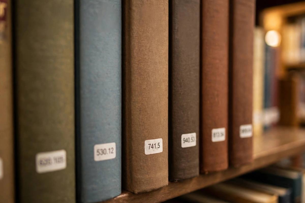 Close-up of book spines showing Dewey Decimal call number labels in a library