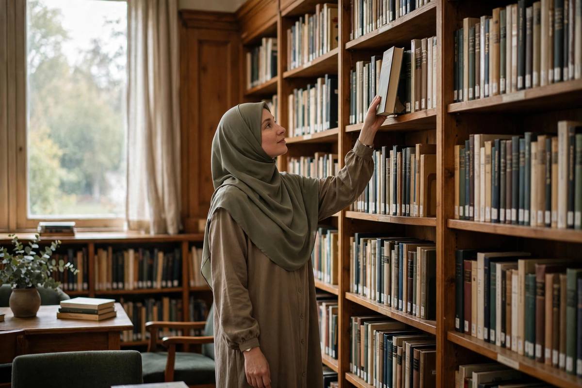 Librarian shelving books in order on tall library shelves in a quiet reading room