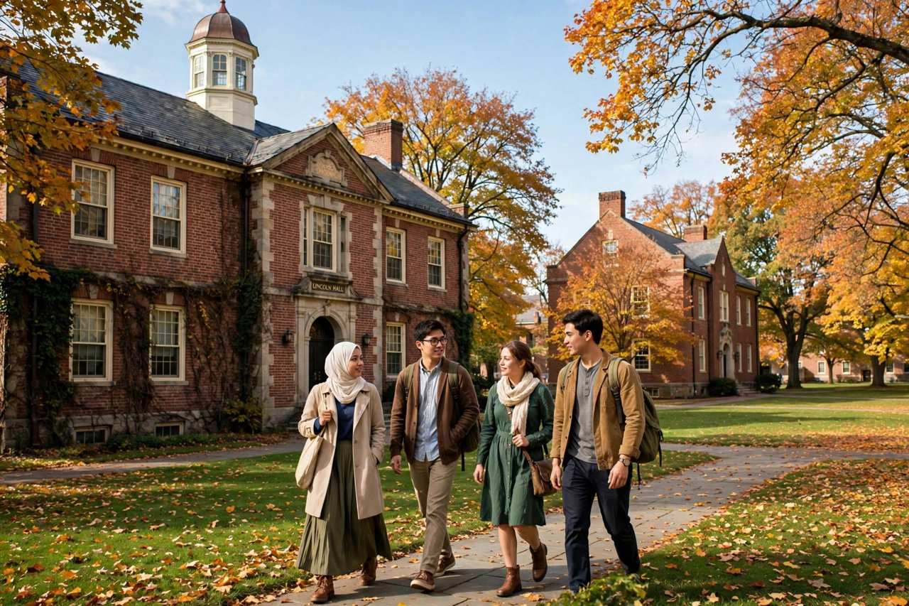 A small college campus with historic brick buildings and students walking on a quad