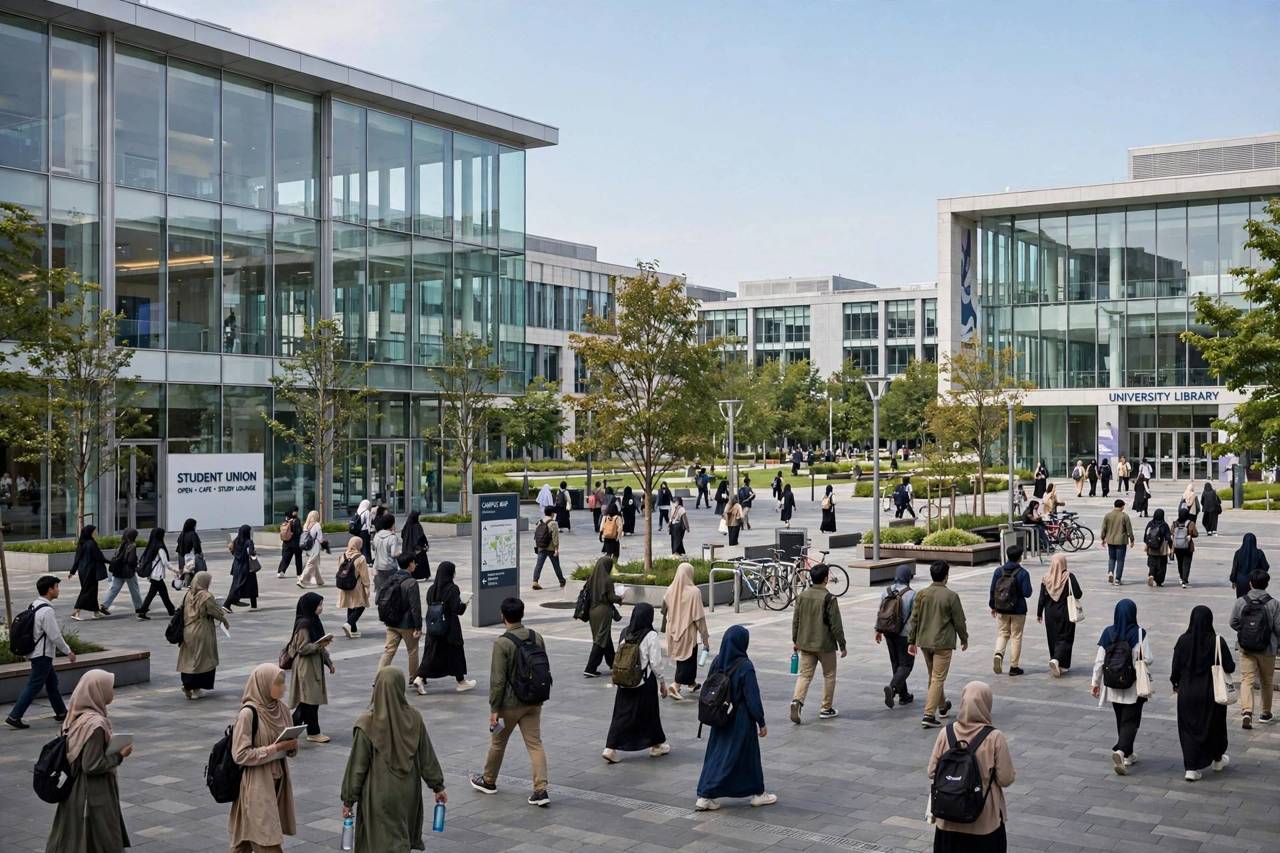 A large university campus with modern buildings and students crossing a busy plaza