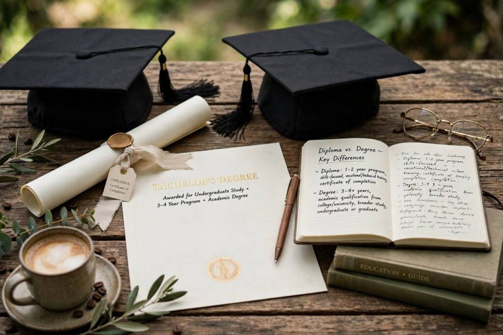 Graduation caps and diplomas on a table