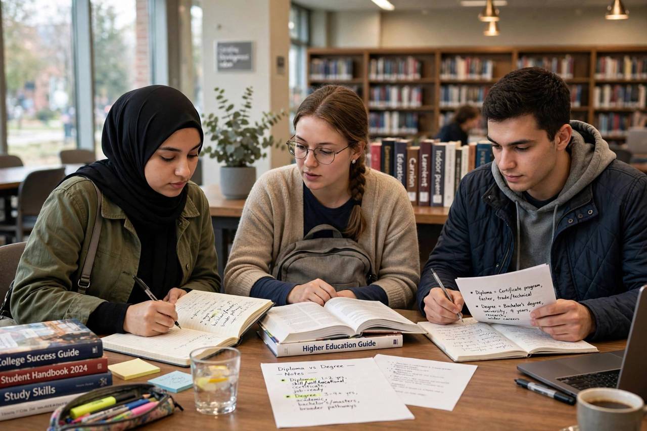 Students studying together in a college library