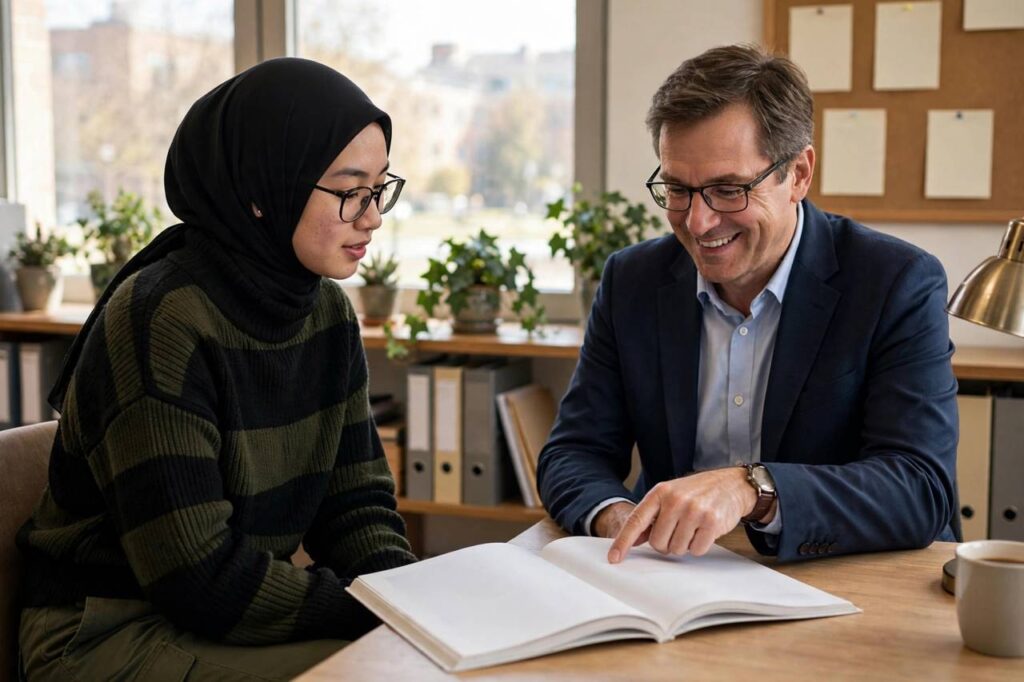 College freshman in modest full-coverage clothing reviewing a course catalog with an advisor