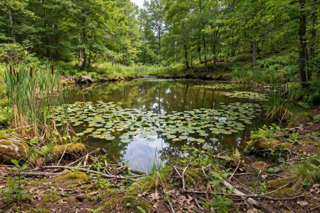 Small pond surrounded by trees with lily pads on the water