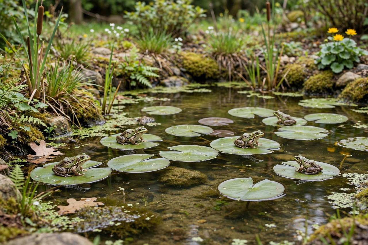 Frogs sitting on lily pads in a shallow garden pond