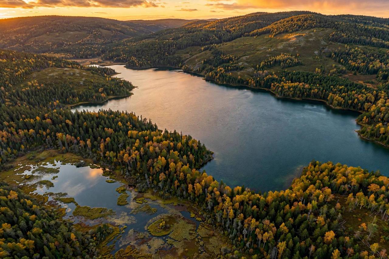 Aerial view of a lake meeting forested hills at sunset