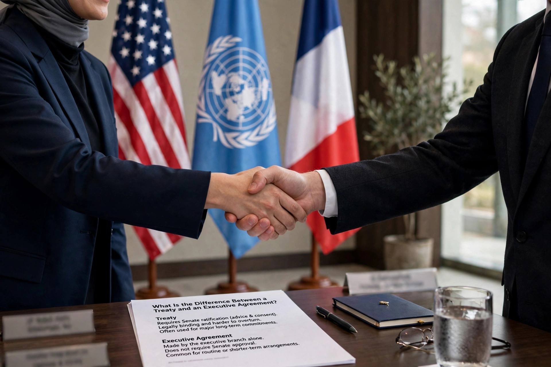 Hands shaking in front of flags during a diplomatic meeting