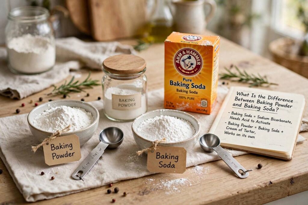 Baking powder and baking soda in small bowls with measuring spoons on a kitchen counter
