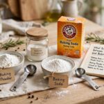 What Is the Difference Between Baking Powder and Baking Soda? Baking powder and baking soda in small bowls with measuring spoons on a kitchen counter