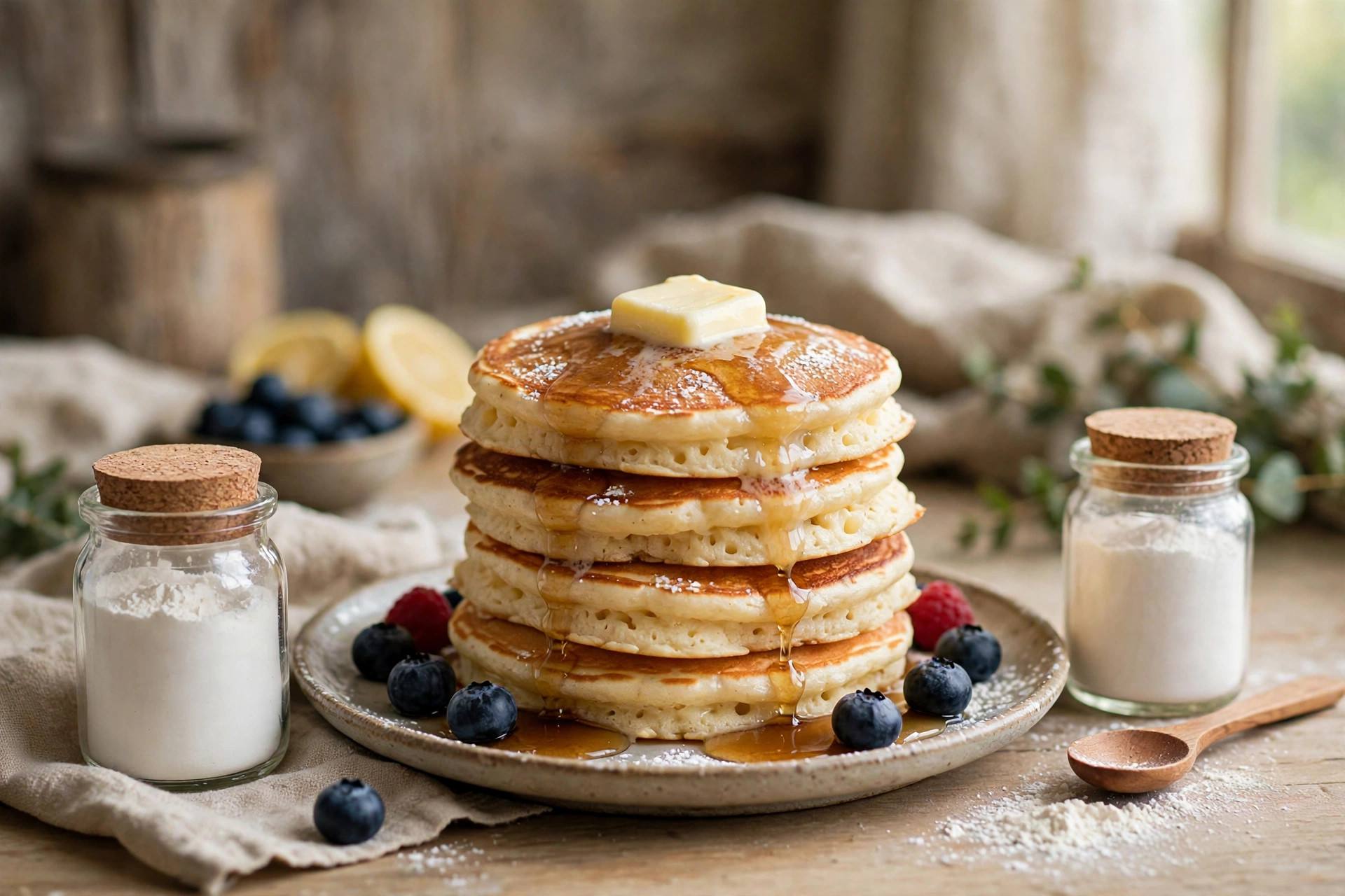 Fluffy pancakes stacked high on a plate showing the lift from proper leavening