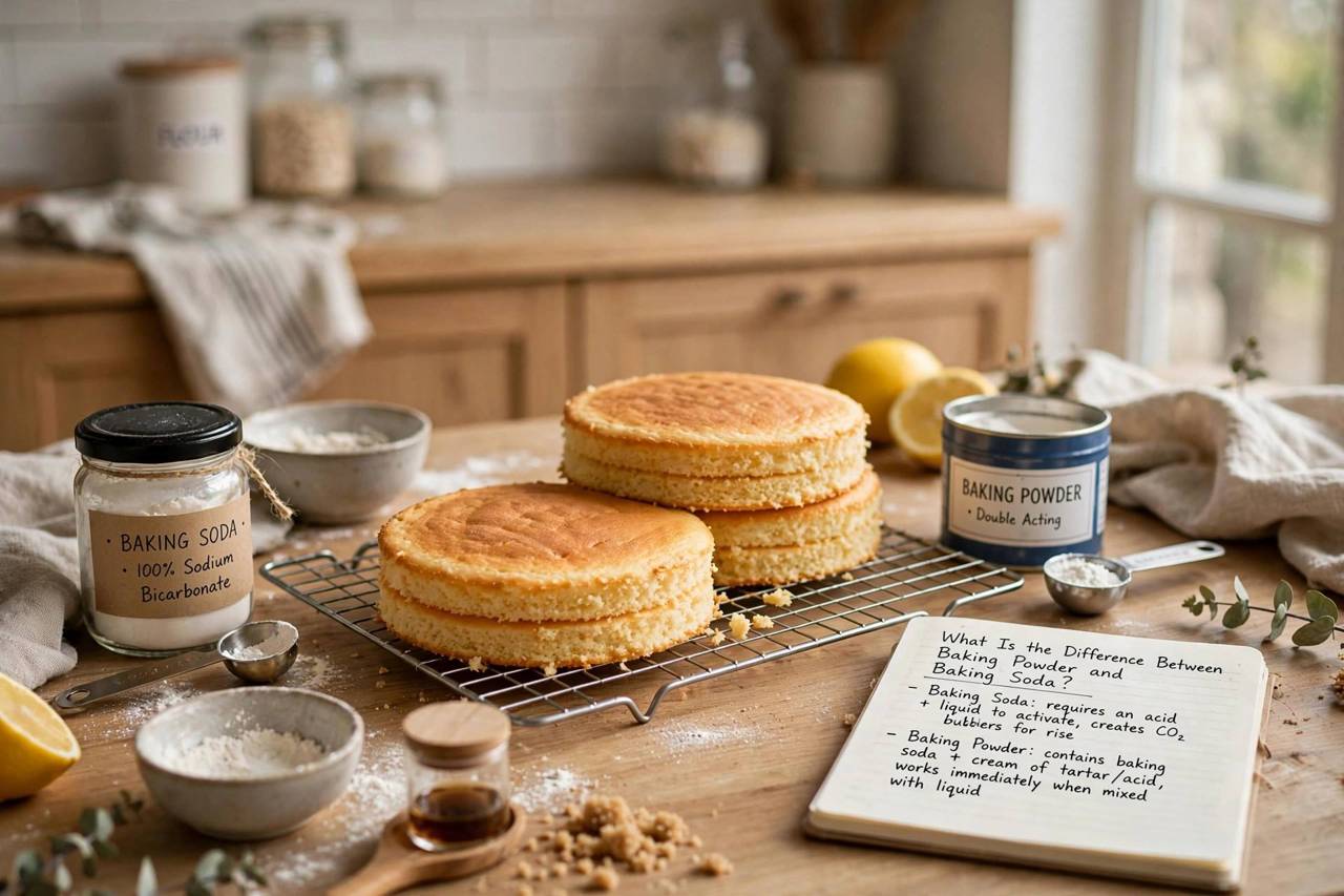 Freshly baked golden cake layers cooling on a wire rack in a home kitchen