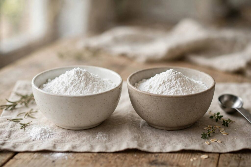 Baking soda and baking powder in bowls side by side