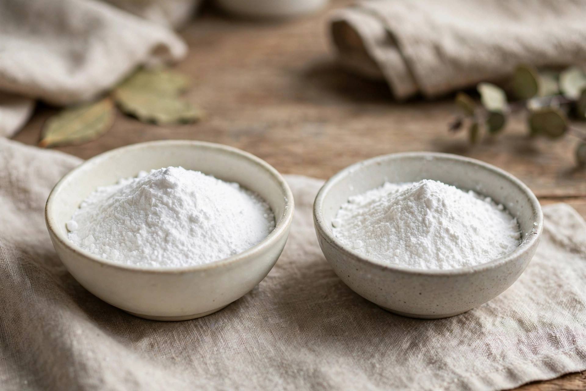 Baking soda and baking powder in small bowls side by side