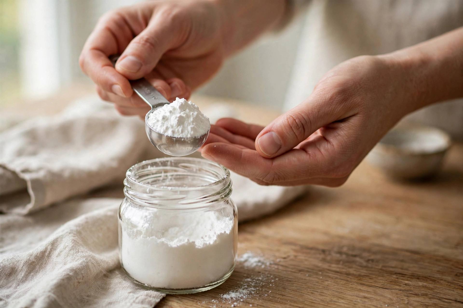 Hands measuring baking powder with a spoon