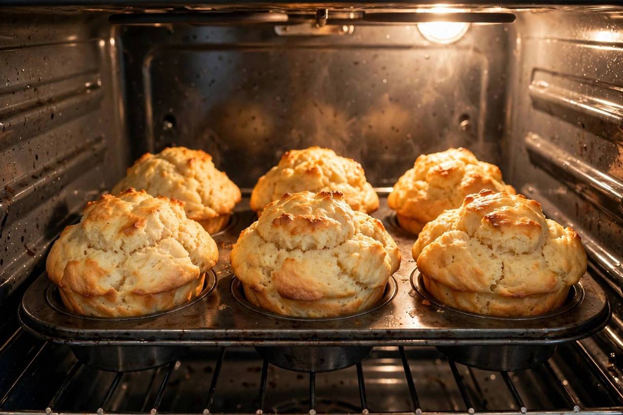 Freshly baked muffins rising in an oven