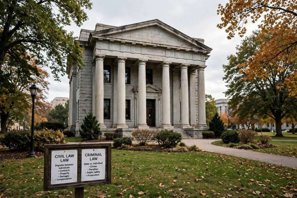 Courthouse columns representing the justice system