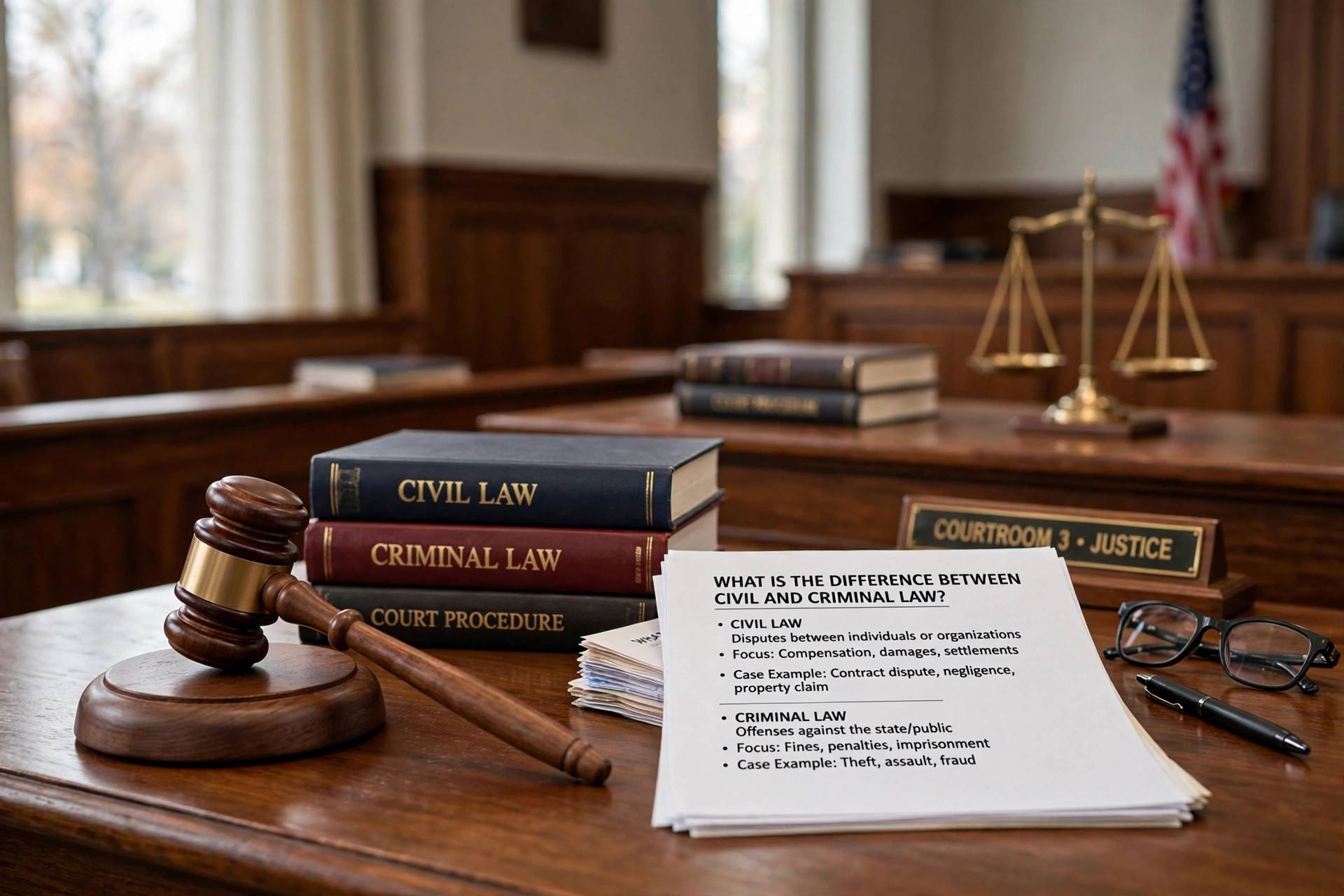 Gavel on a judges bench in a courtroom
