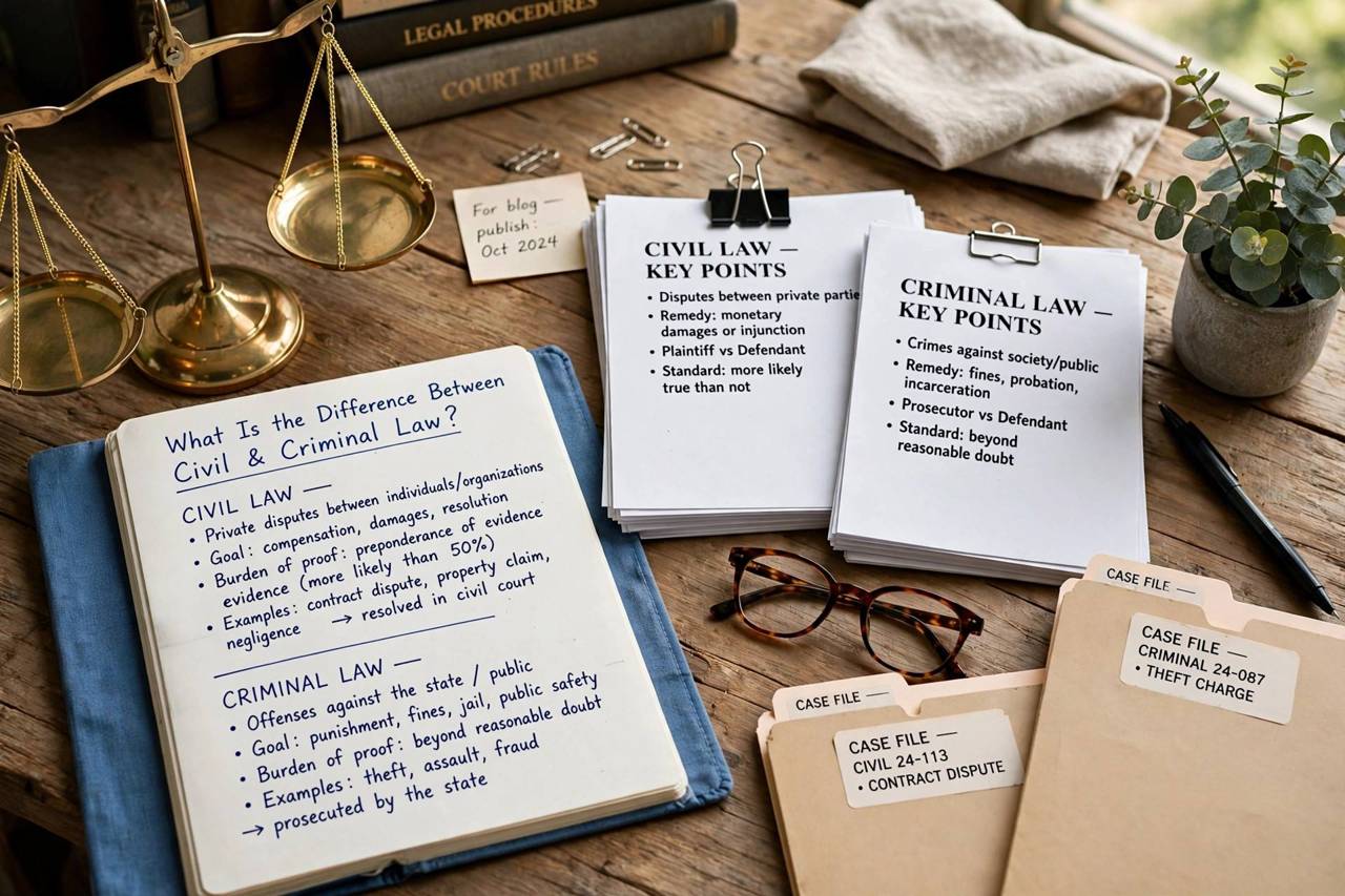Legal documents and scales of justice on a desk