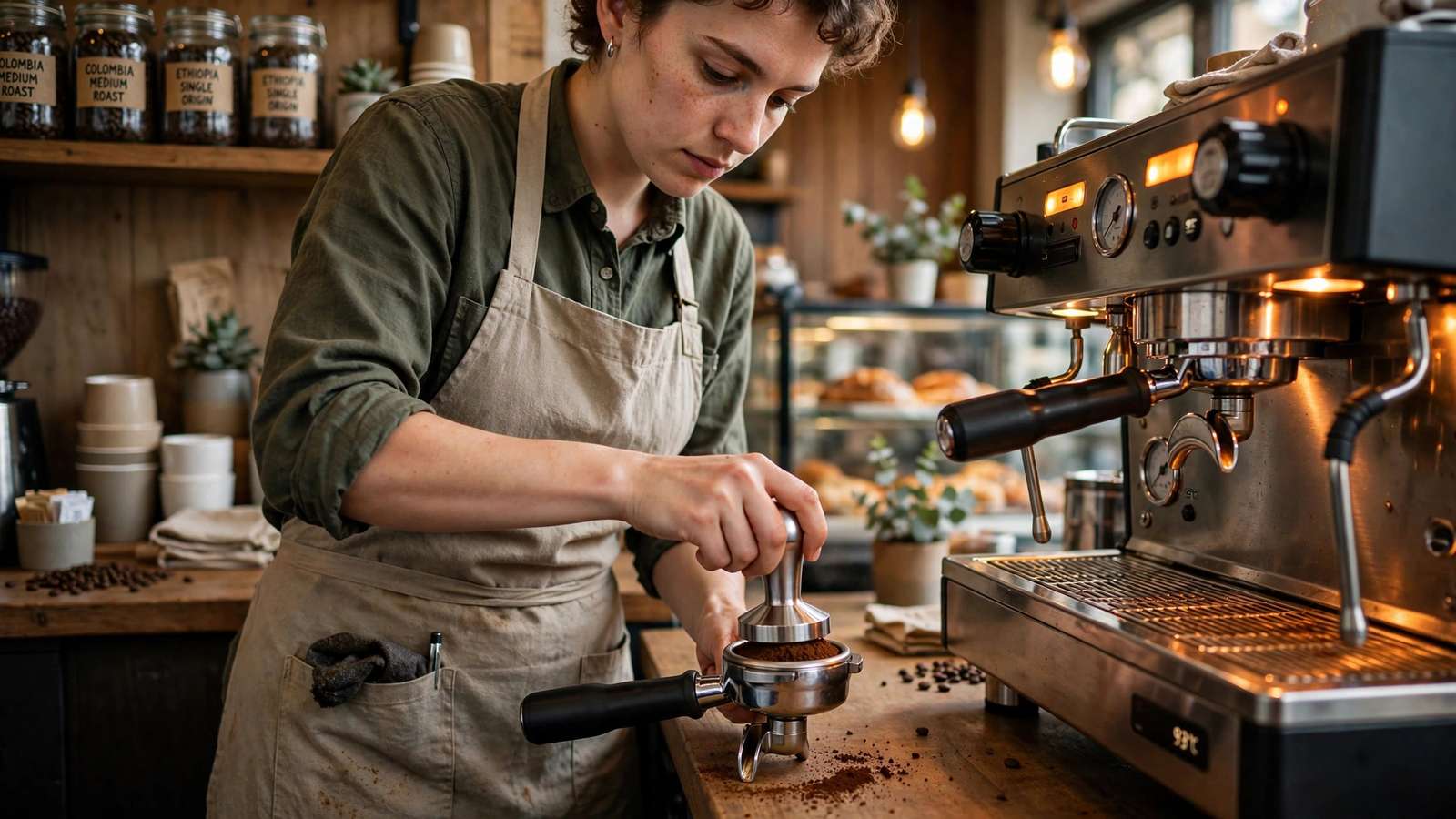 Barista tamping finely ground coffee into a portafilter at a cafe