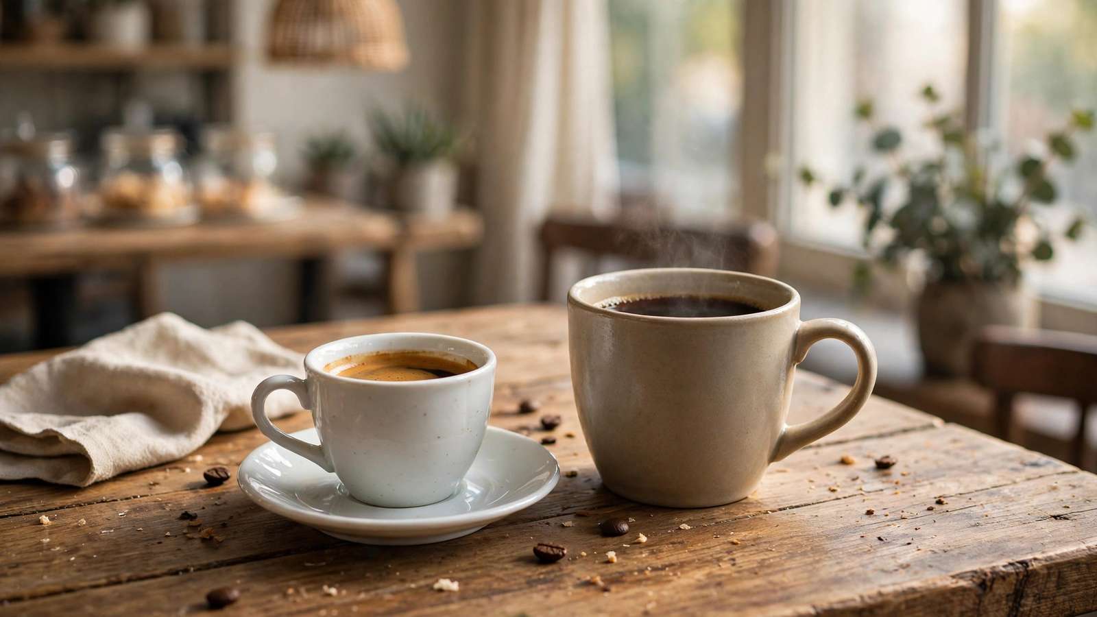 Two cups side by side one small espresso and one large drip coffee on a cafe table