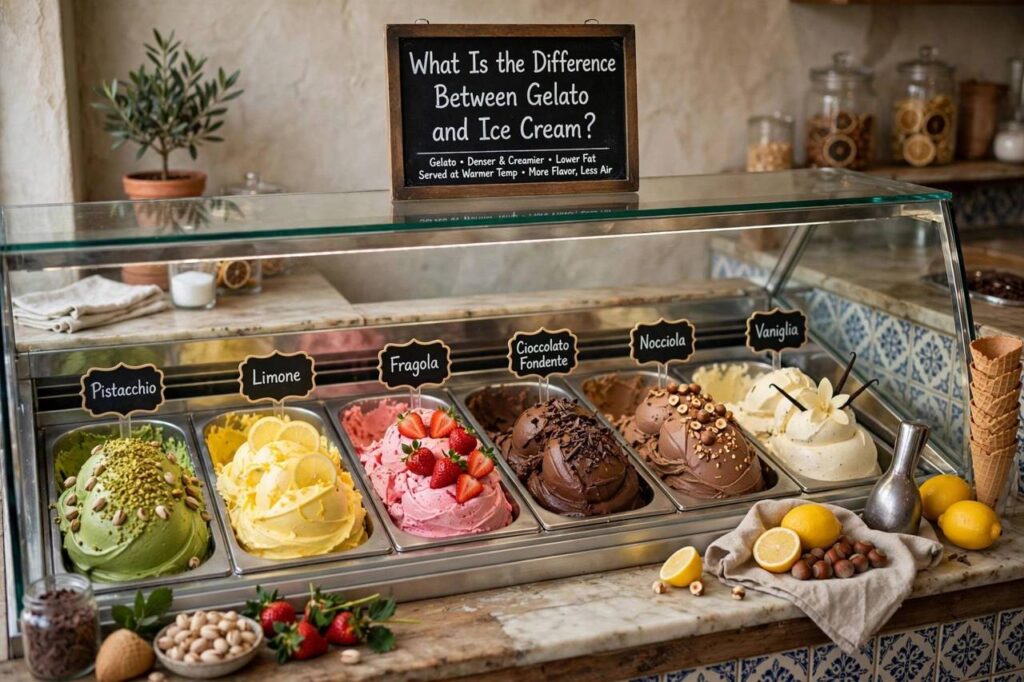 Scoops of gelato in a display case at an Italian gelateria