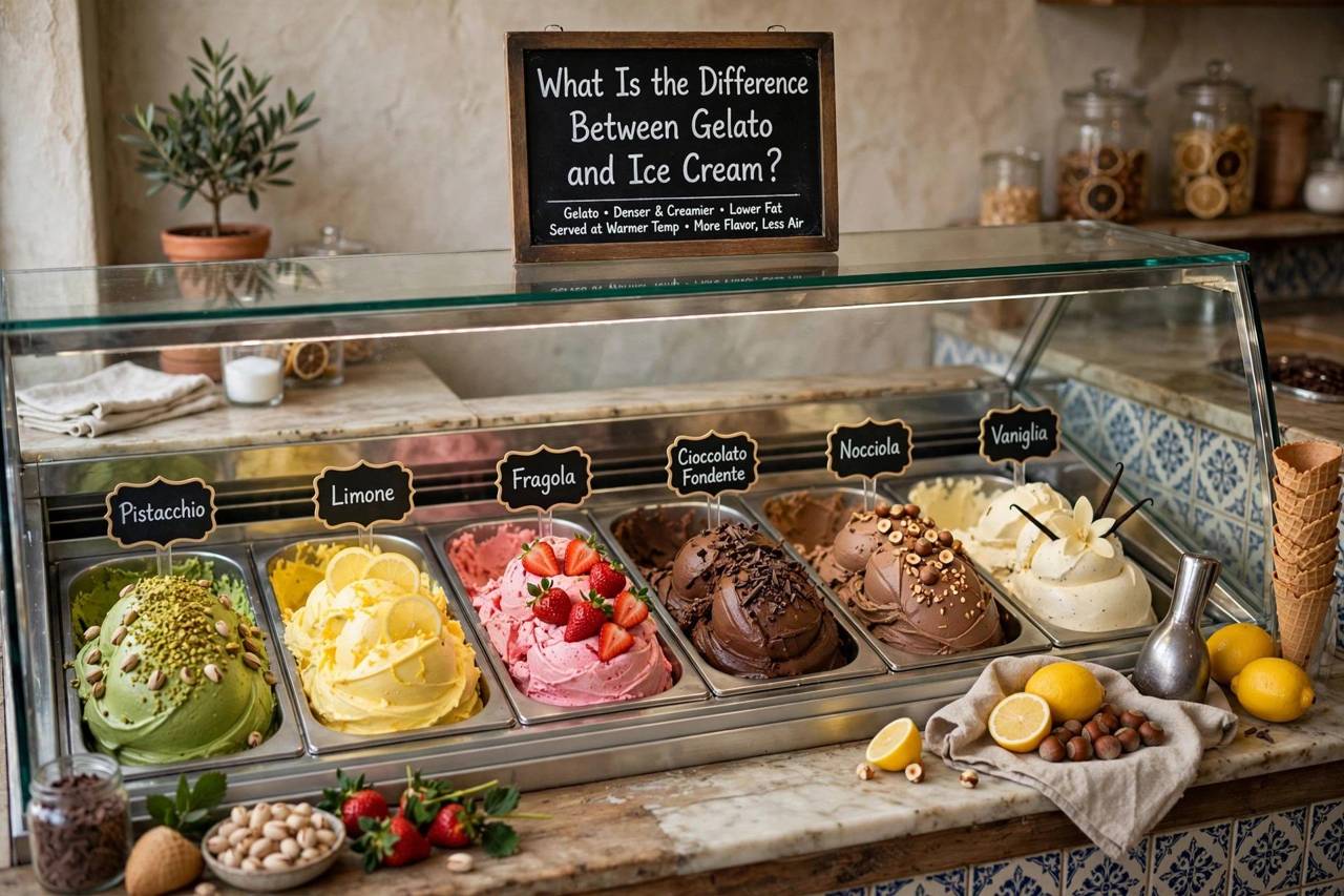 Scoops of gelato in a display case at an Italian gelateria