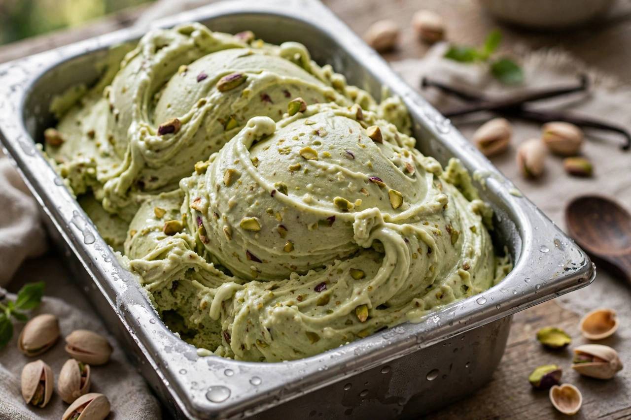 Close-up of dense creamy gelato texture in a metal tub