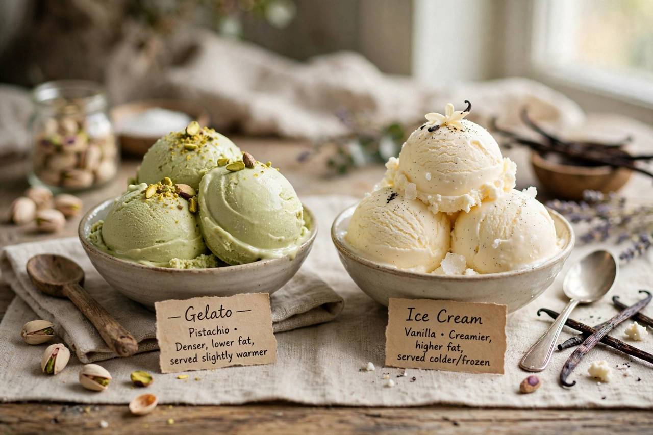 Two bowls side by side comparing gelato and ice cream scoops