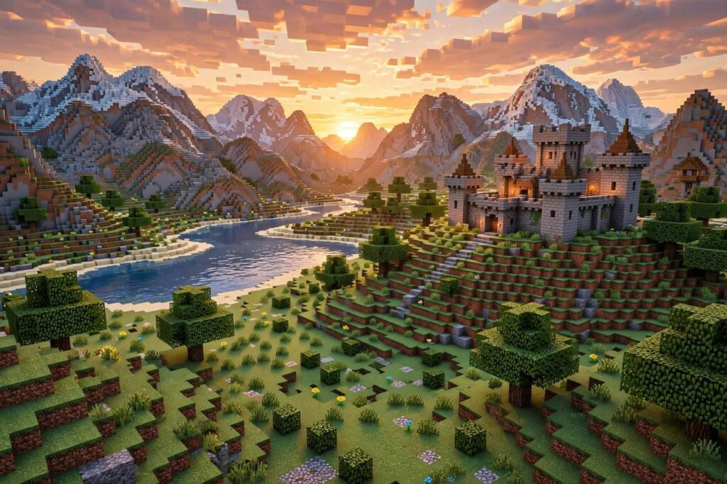 Blocky voxel game landscape with mountains and castle at sunset, video game art