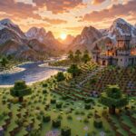 Blocky voxel game landscape with mountains and castle at sunset, video game art
