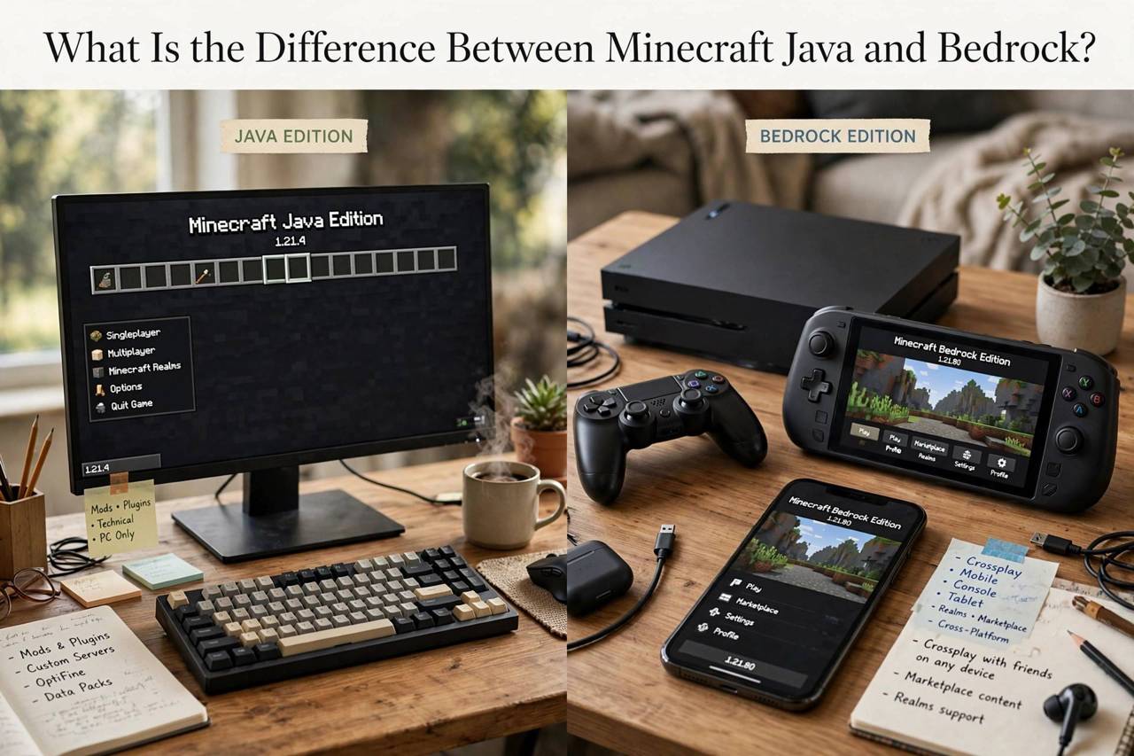 Split-screen concept showing PC gaming setup versus console and mobile gaming devices
