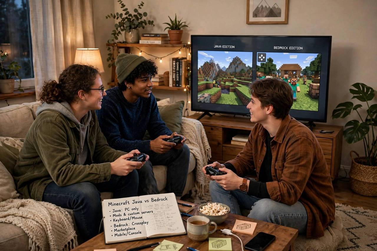 Friends playing video games together on couch with controllers, cozy living room