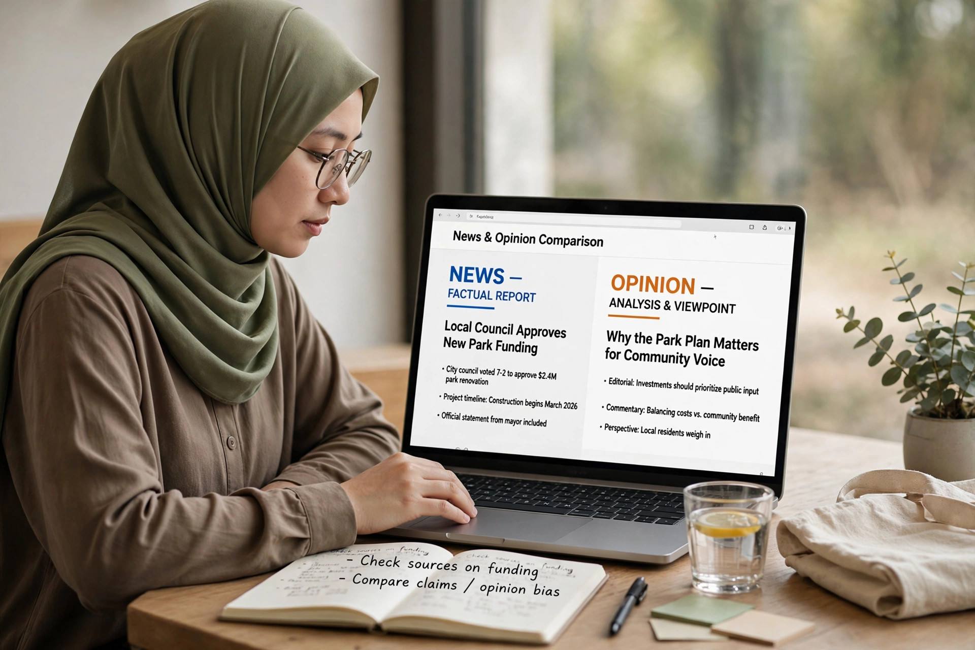 Reader comparing news and opinion articles on a laptop screen with clear section labels
