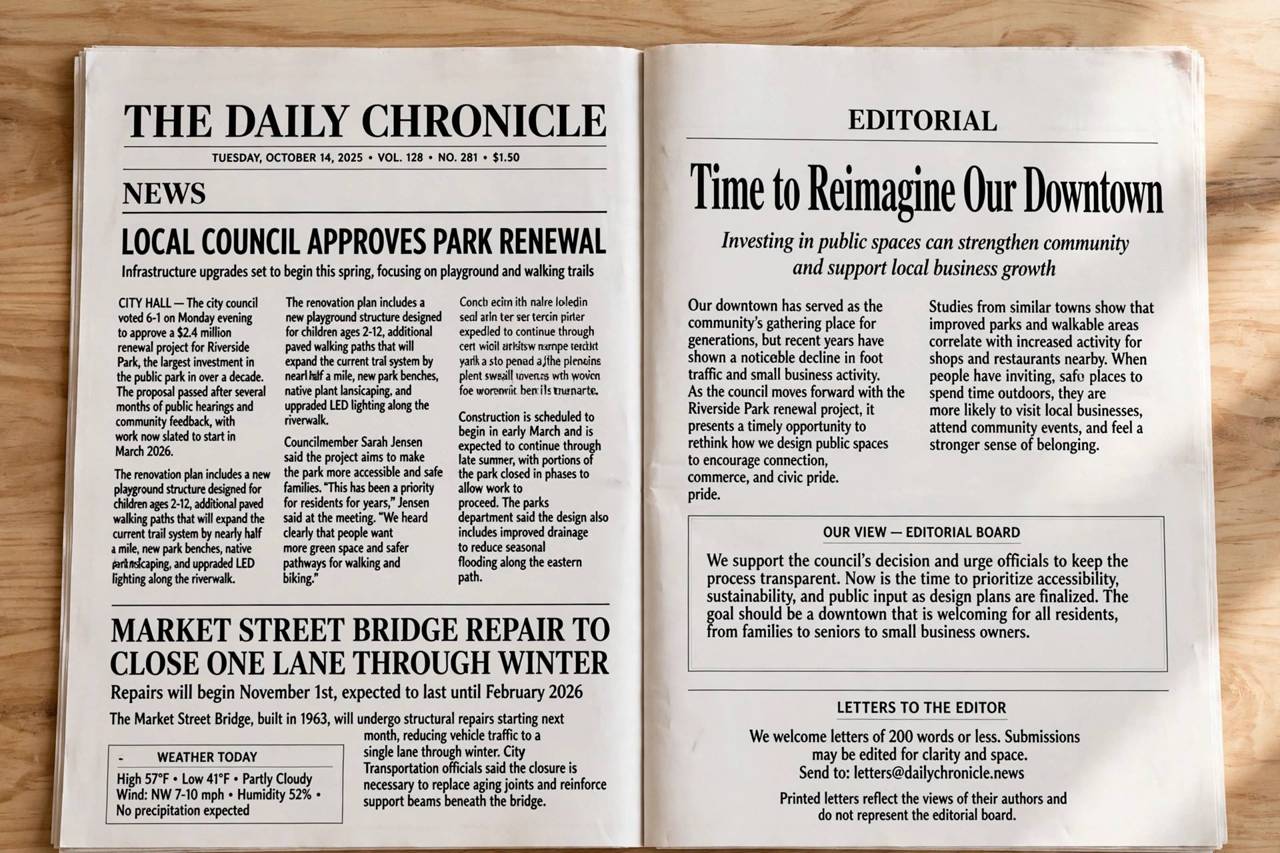 Close-up of printed newspaper pages showing separate news and editorial sections