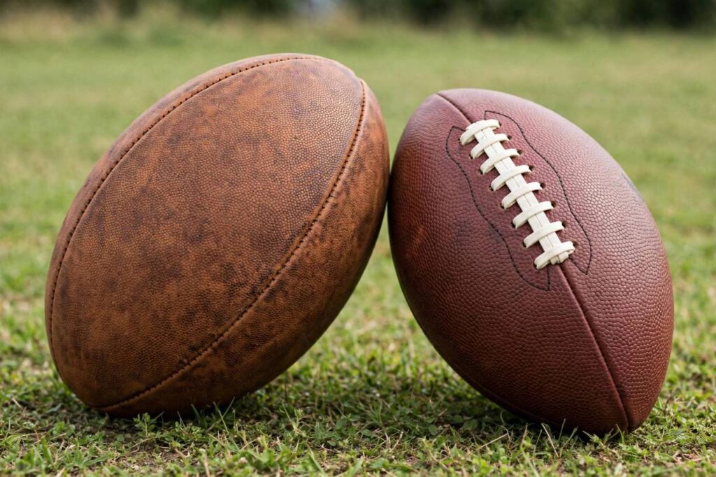 Rugby ball and American football side by side